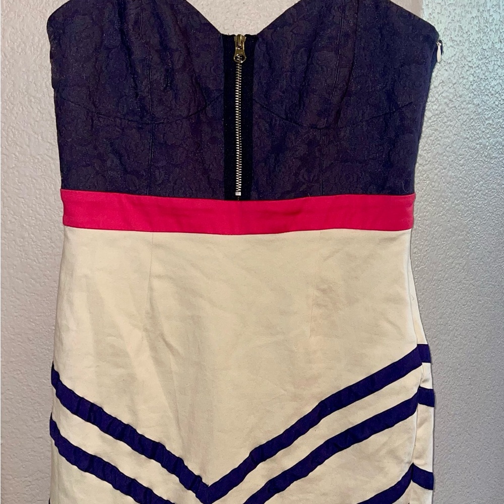 Pink Martini Ivory, Blue and Pink Strapless Sheath Dress Sweetheart Neckline